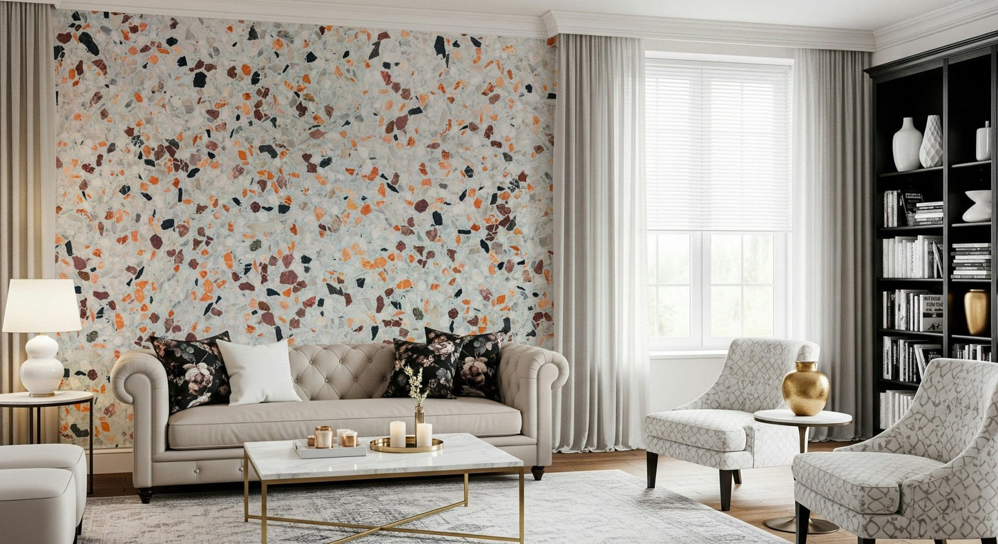 Elegant Light Coral Terrazzo mural clean white ground emphasizing fiery fragments.