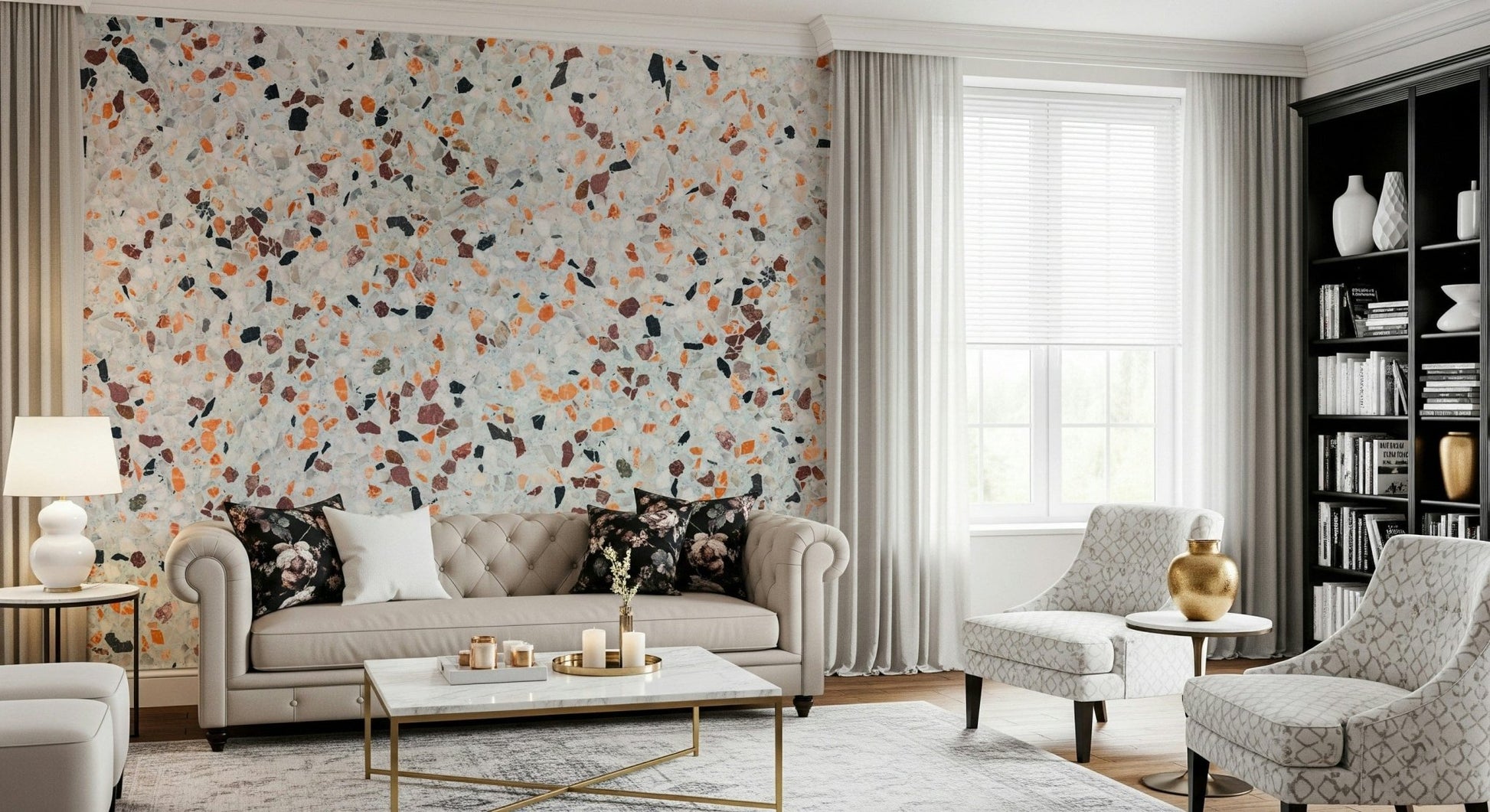 Elegant Light Coral Terrazzo mural clean white ground emphasizing fiery fragments.