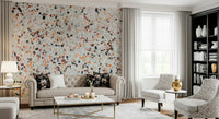 Elegant Light Coral Terrazzo mural clean white ground emphasizing fiery fragments.