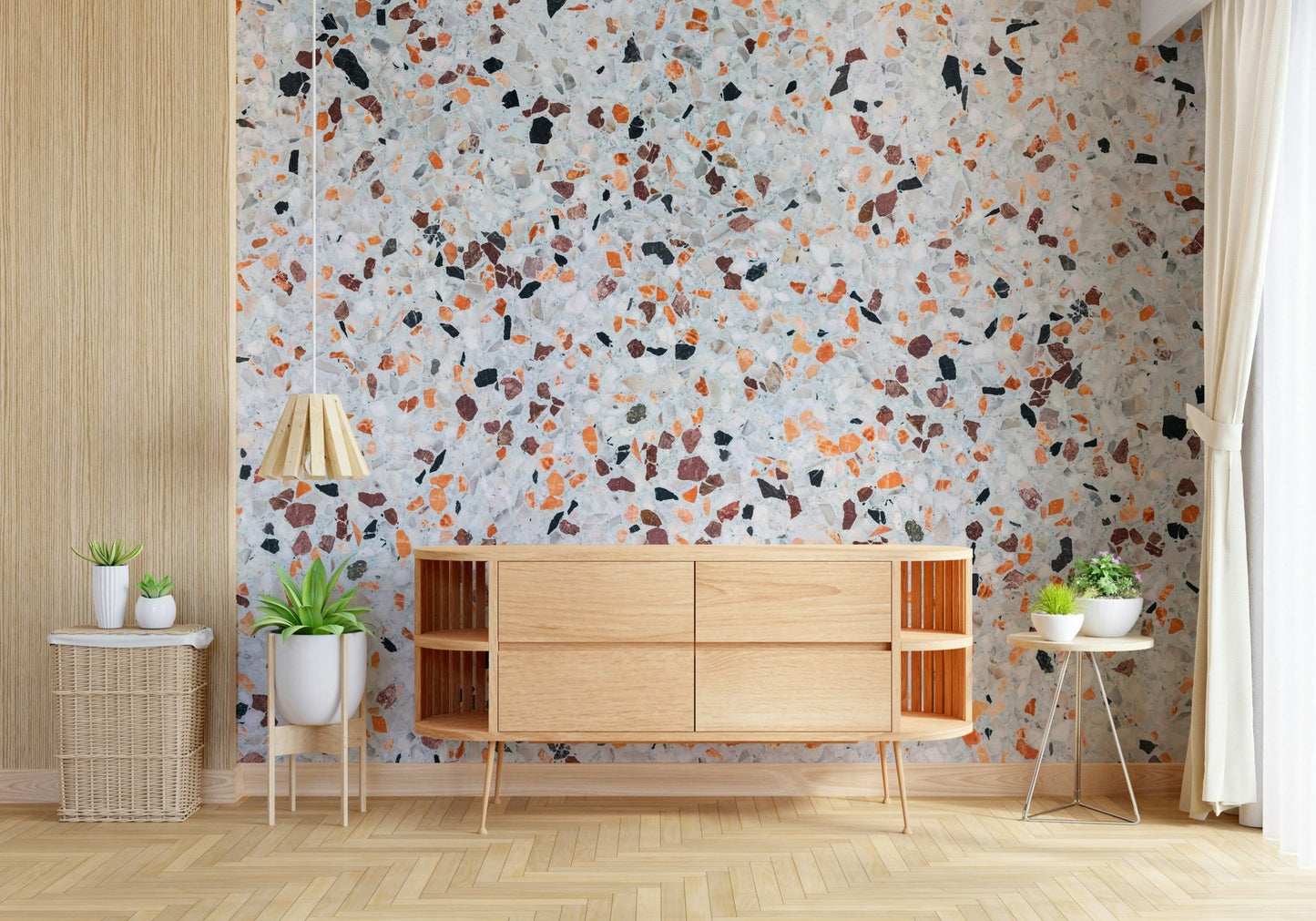 Refined Light Coral Terrazzo wallpaper subtle flecks creating a contemporary finish look.