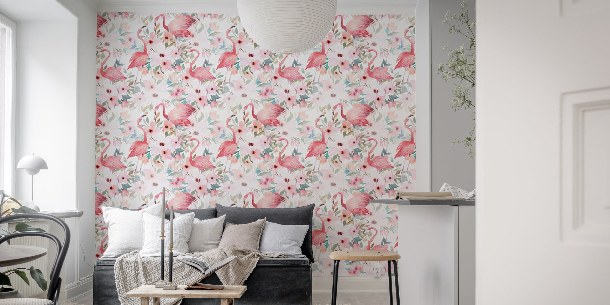 Playful light pink flamingo wall design
