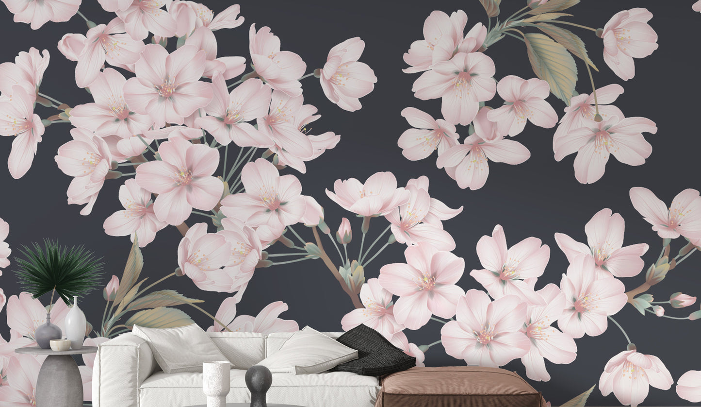 Soft pink floral wallpaper on a dark backdrop
