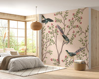 Delicate bird and leaves wallpaper in pink

