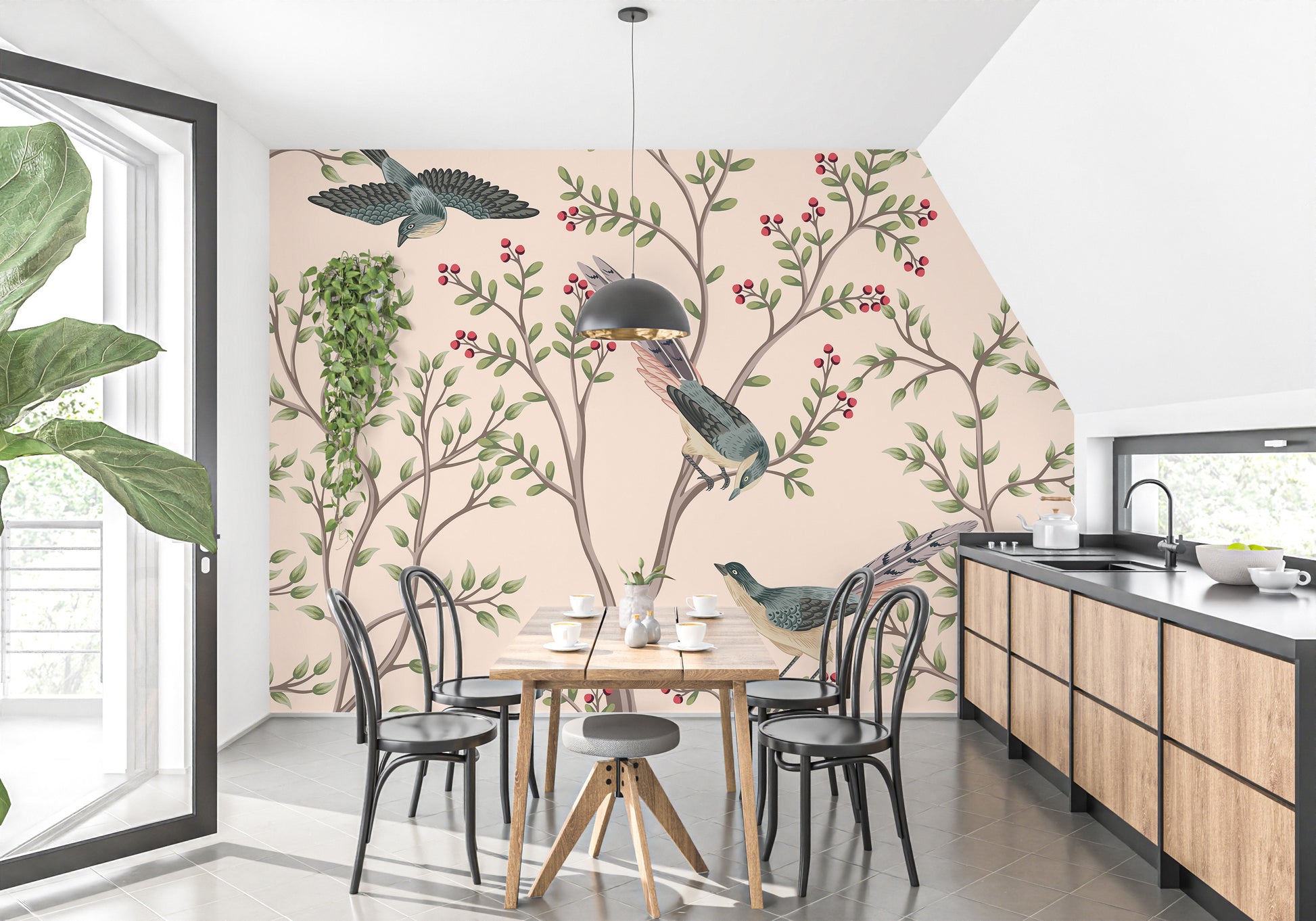 Light pink leaves and bird wallpaper mural
