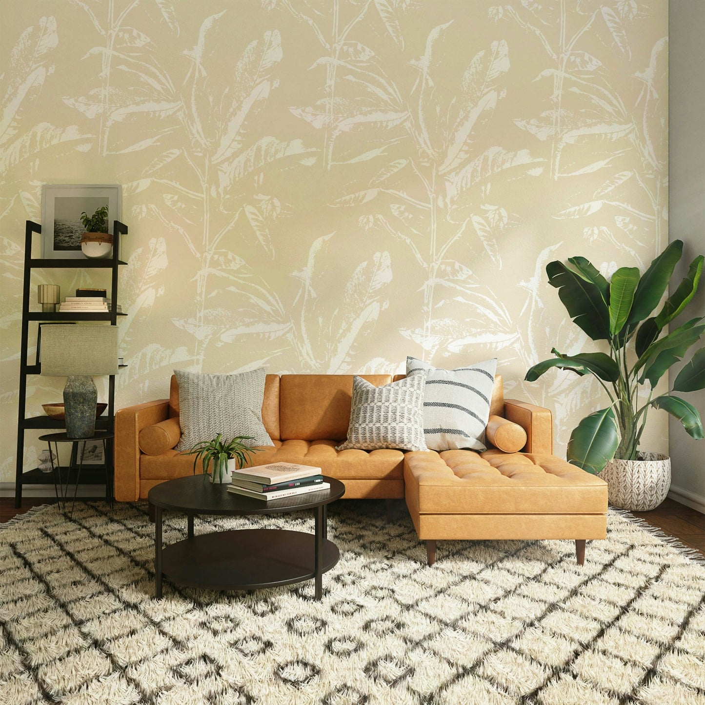 Light floral mural for calm interior spaces

