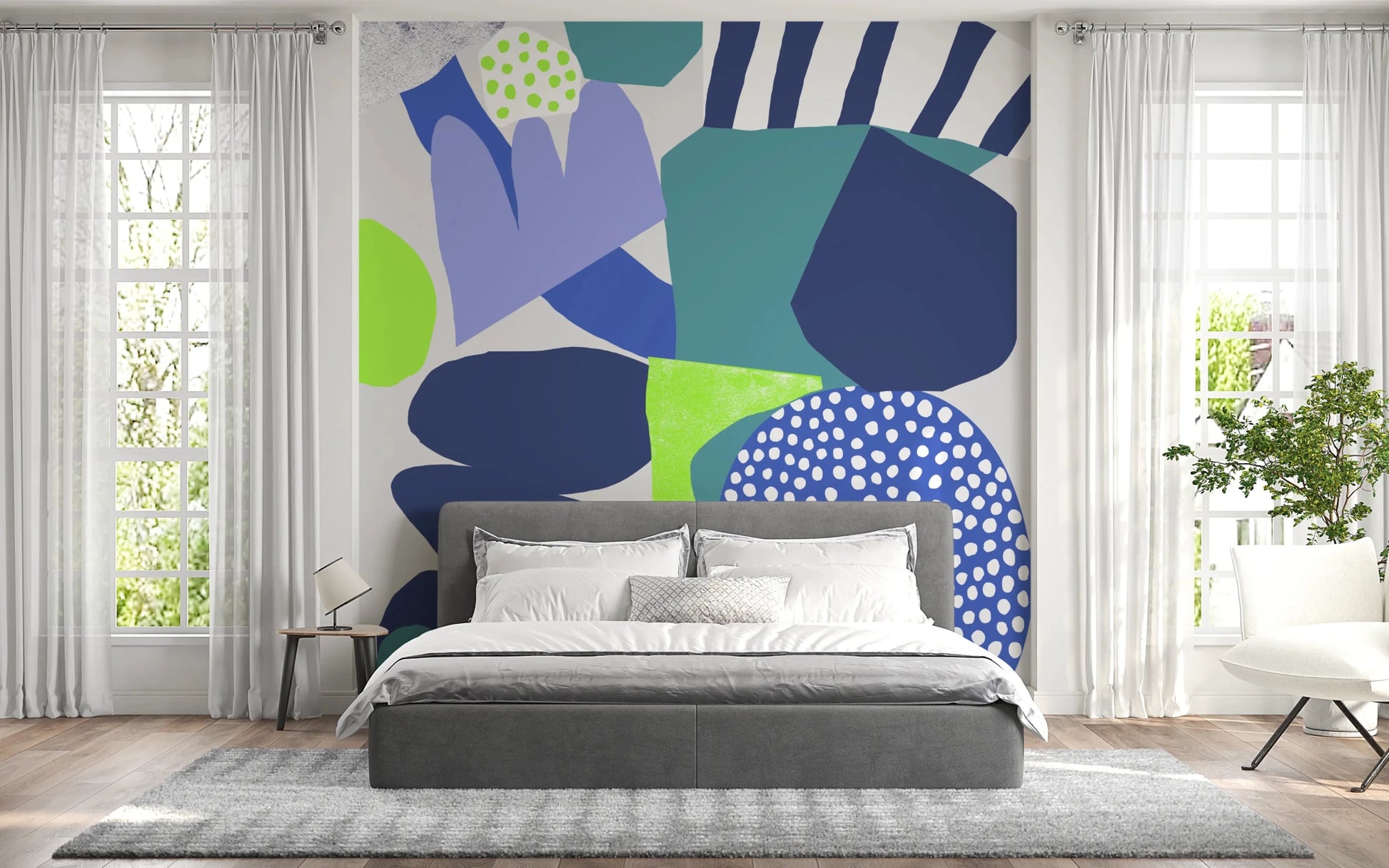 Layered artistic shapes forming the bedroom Lil Blue Wall Mural pattern