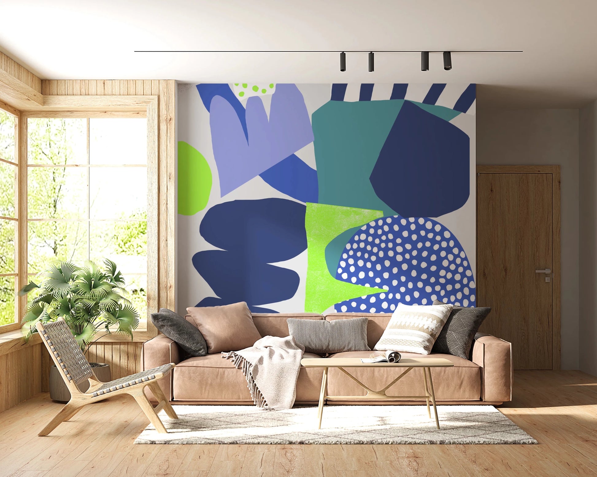 Lil Blue Wall Mural featuring a modern living room abstract collage of blue patterns