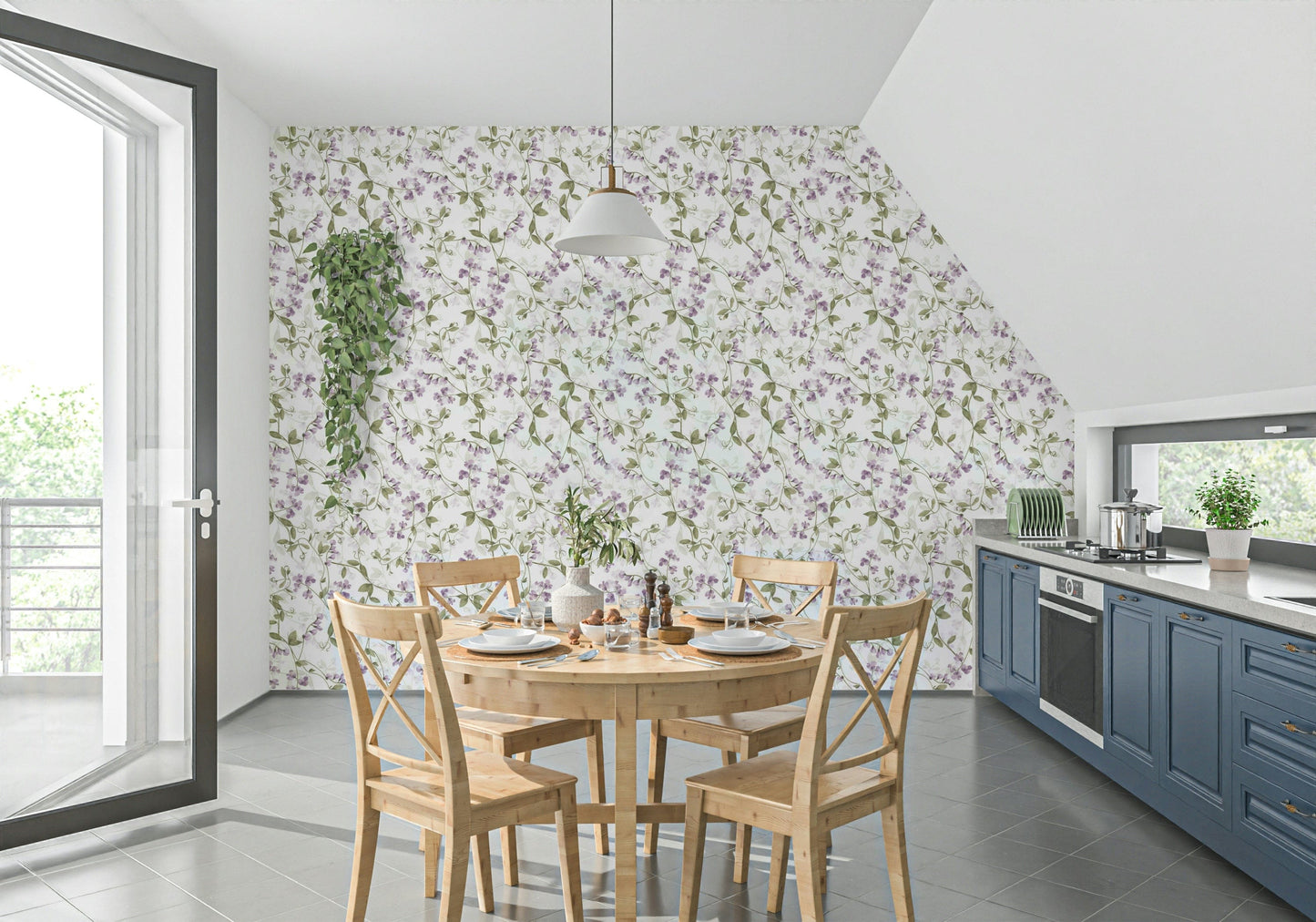 Monochrome white backdrop for Lilac Vines Meadow cozy wallpaper.