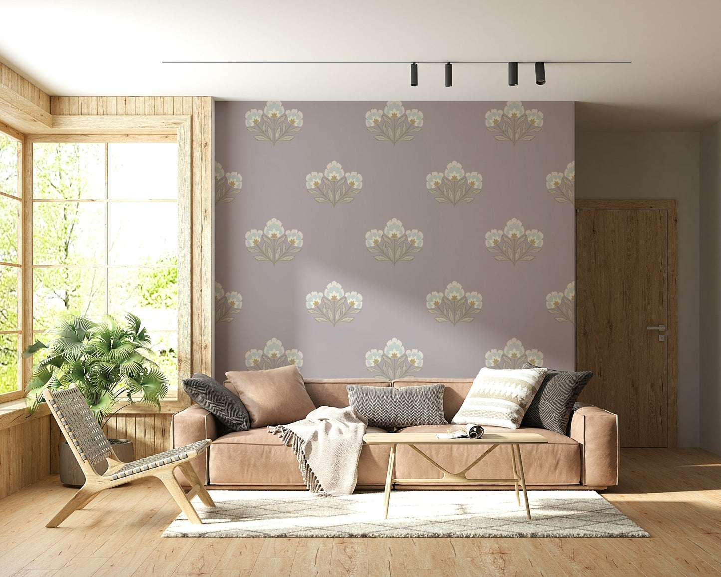 Taupe leaves Lilas Bloom, luxurious sitting room wall mural, subtle beauty.