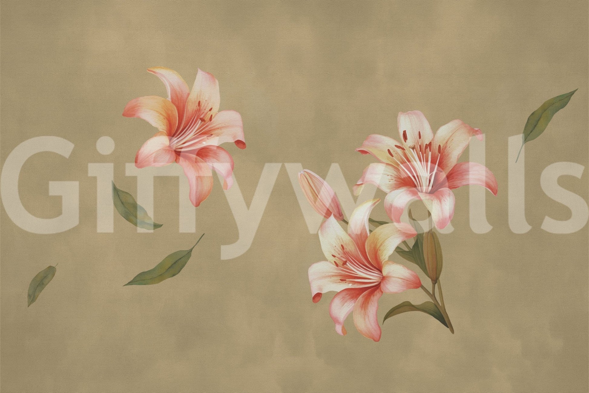 Neutral lounge with lily mural, soft color floral accents
