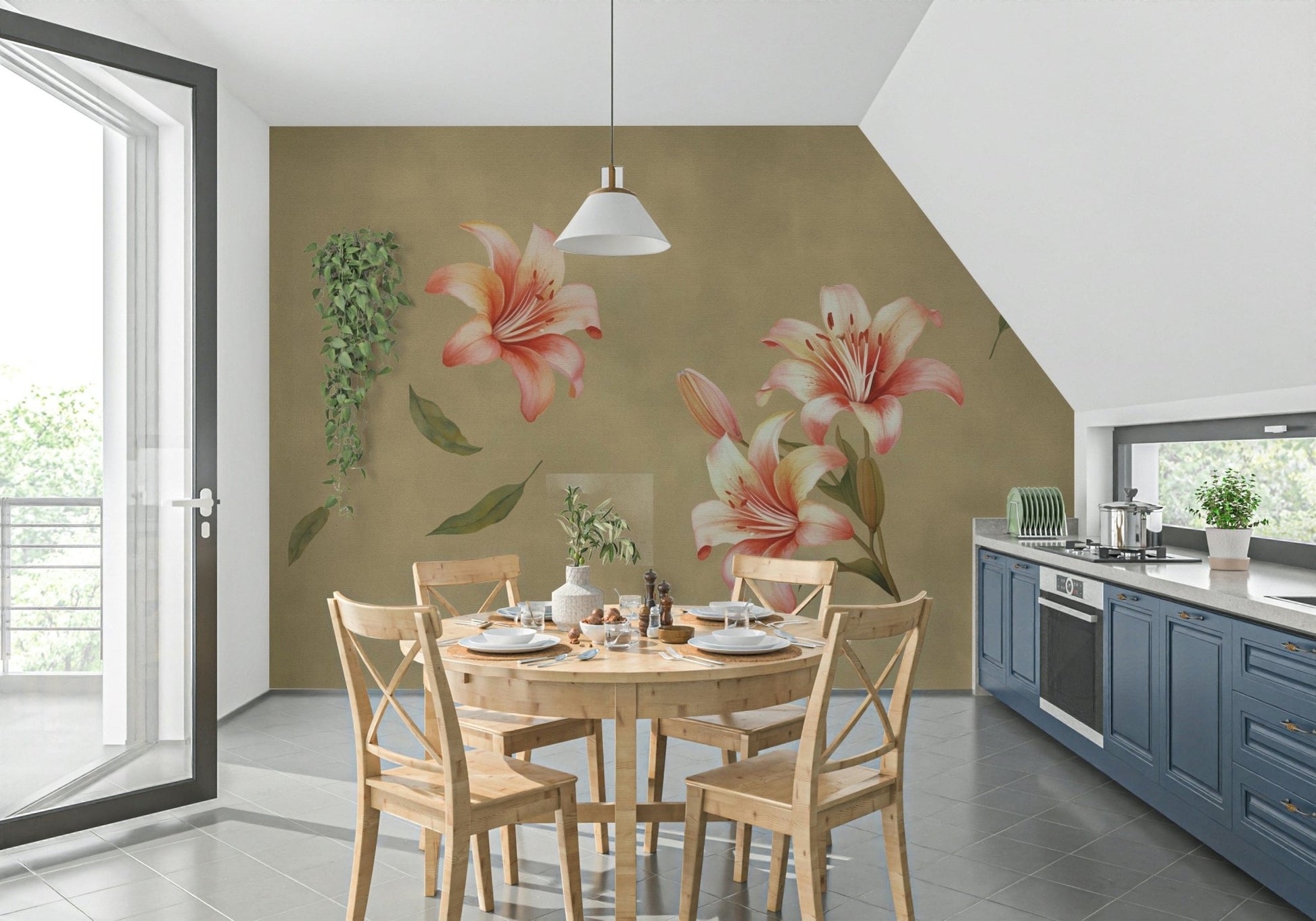 Minimal lily mural in reading nook, calm color palette