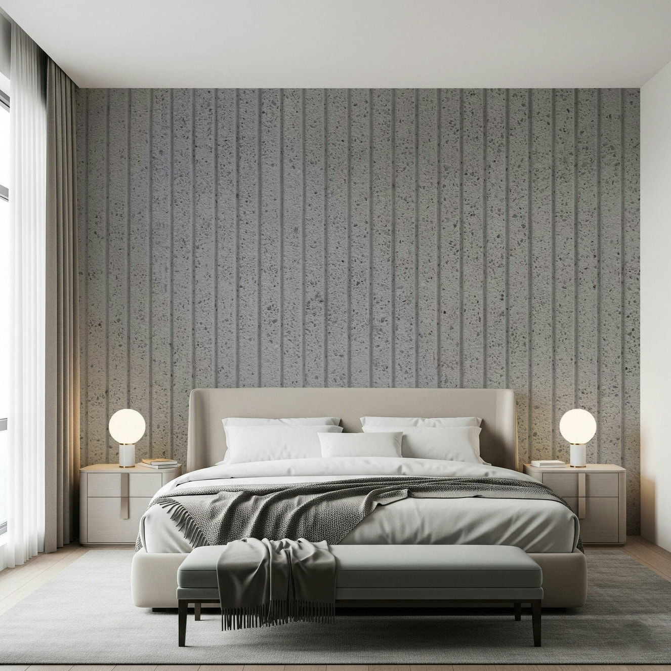 Wall mural with linear concrete illusions creating a clean, modern, and stylish feature wall.