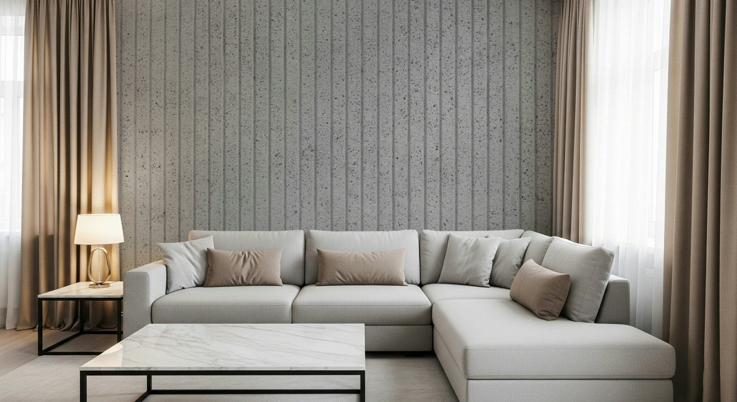 Linear concrete wallpaper mural adding depth, sophistication, and modern architectural appeal to living spaces.