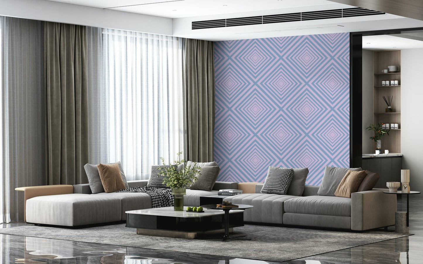 Architectural Linear Rhythm mural, dramatic V-shape composition.