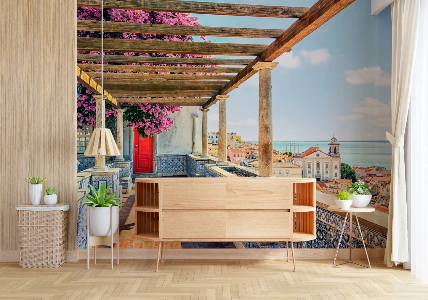 Chic Hallway Lisbon wall mural with balcony blooms glow art.