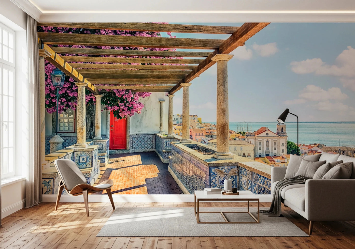 A Entryway gains warmth from coastal Lisbon mural and rooftop light