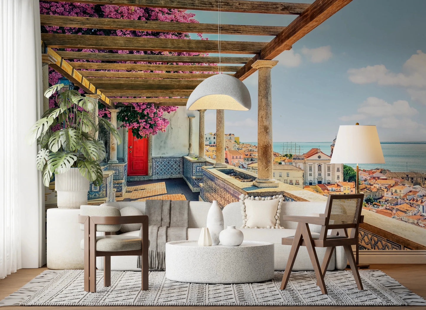 Hallway placement works well with a Lisbon vista mural and tiled detail