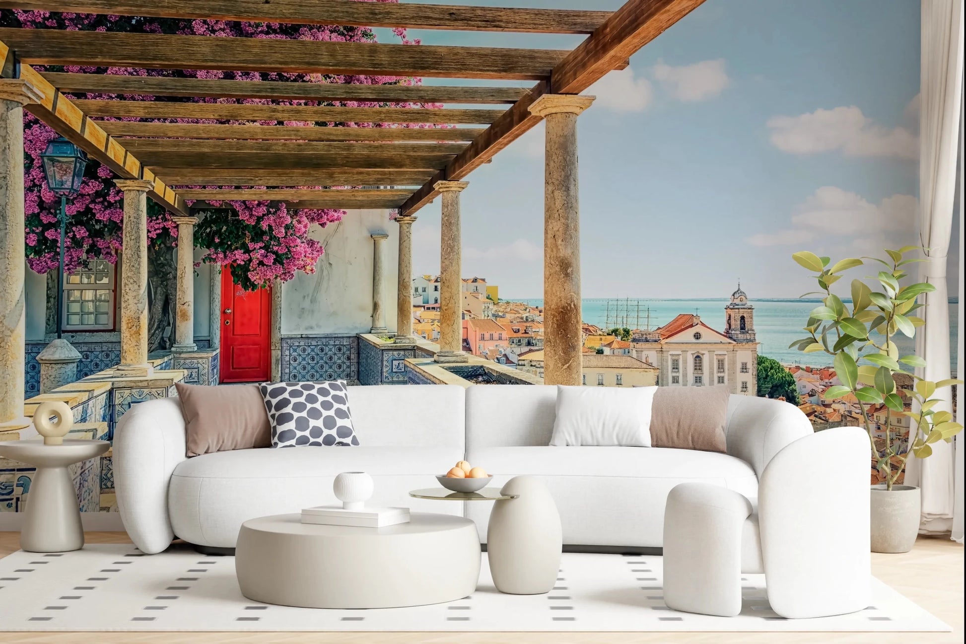 Living room décor feels richer with a Lisbon rooftop bloom mural