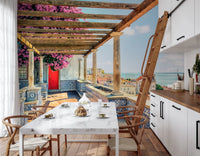 Dining room appeal grows with Lisbon bloom scenery and pergola rhythm
