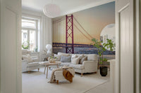 Lisbon mural behind bed, modern bedroom wall decor, warm color accents