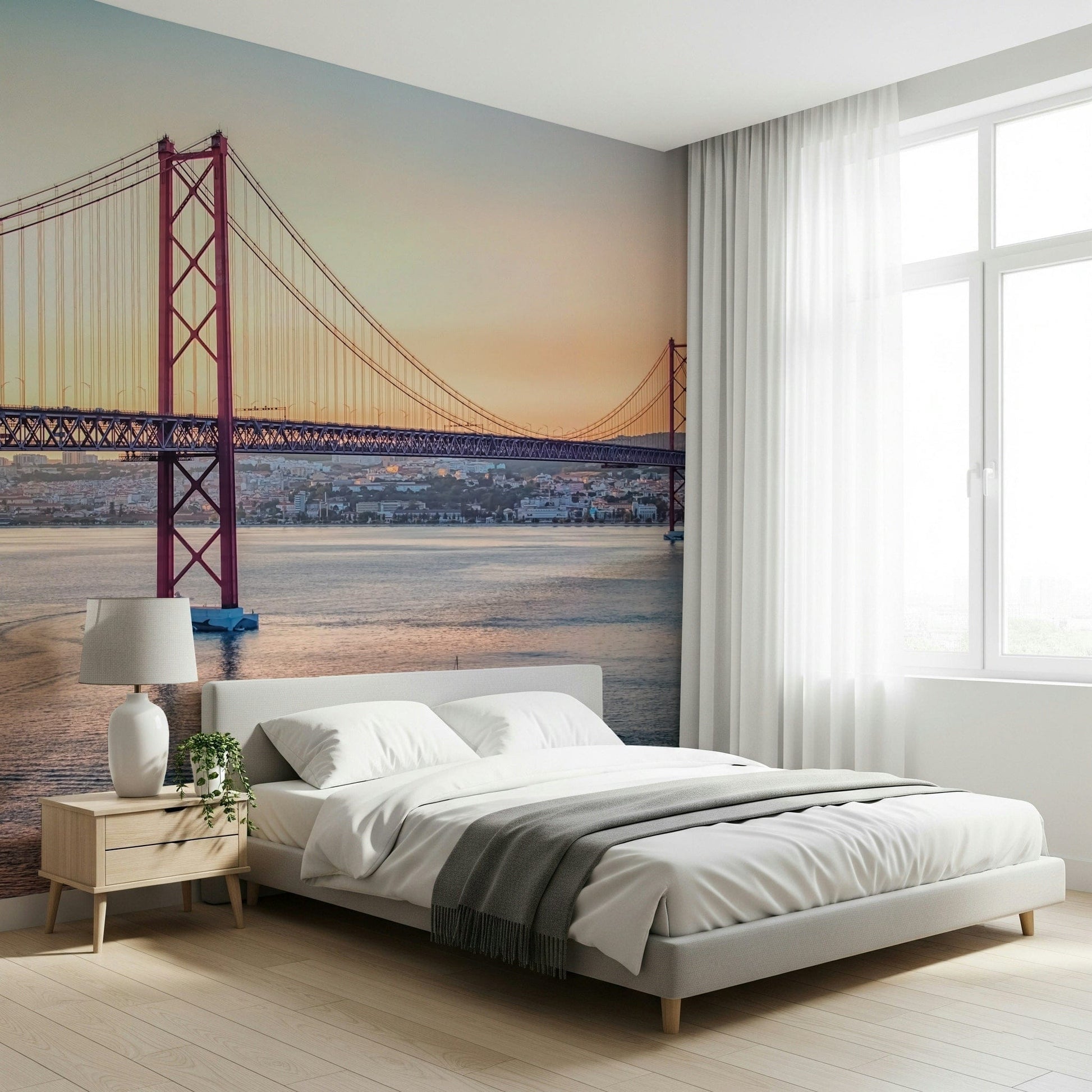 Sunlit European city wall mural for entryway, bright tones, modern apartment decor