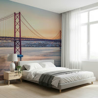 Sunlit European city wall mural for entryway, bright tones, modern apartment decor