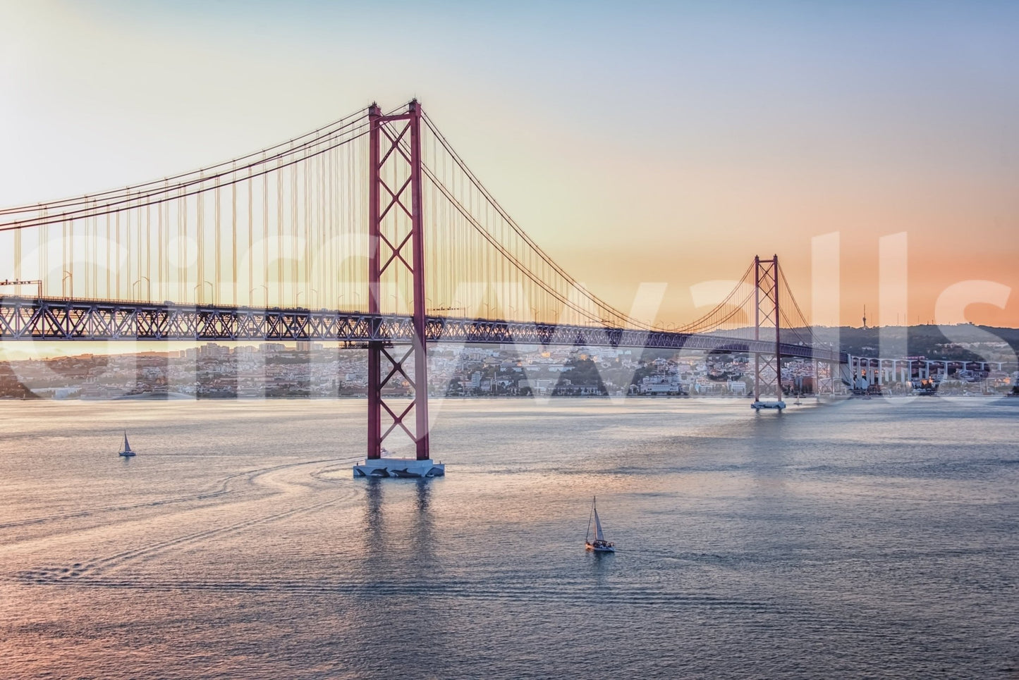 Lisbon cityscape mural for office wall, clean modern style, soft color tones