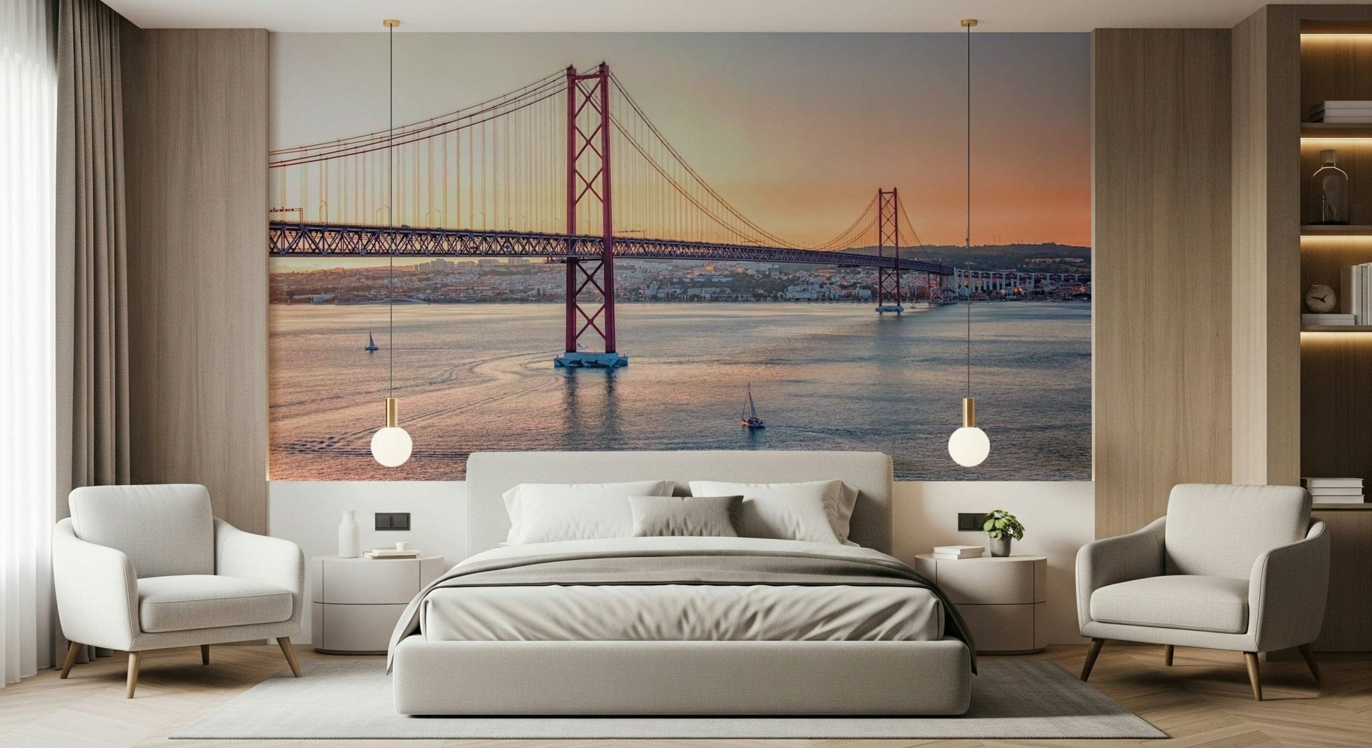 Lisbon's Light Wall Mural in bedroom, bright city scene, calm color palette