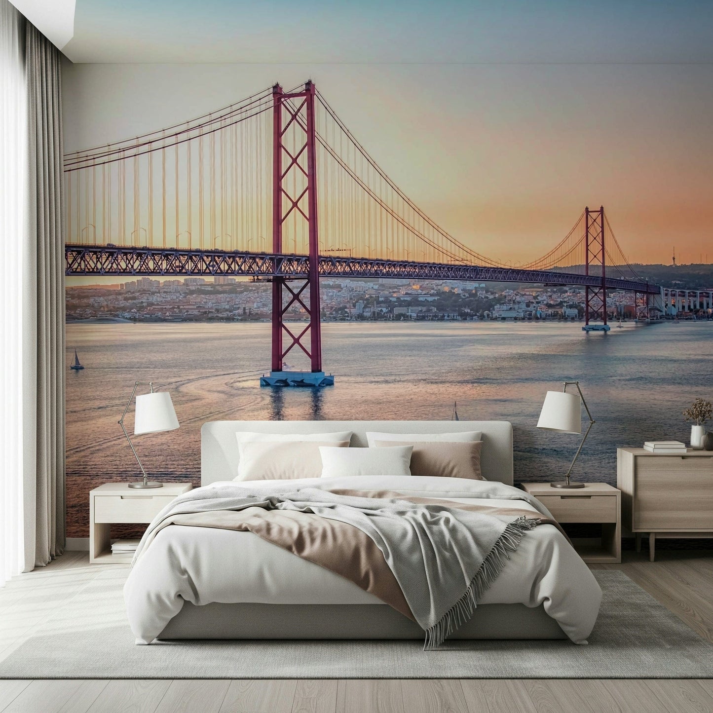 Lisbon city mural in reading nook, soft light palette, minimalist wall decor