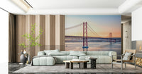 Sunlit Lisbon street mural behind sofa, pastel color tones, modern wall decor