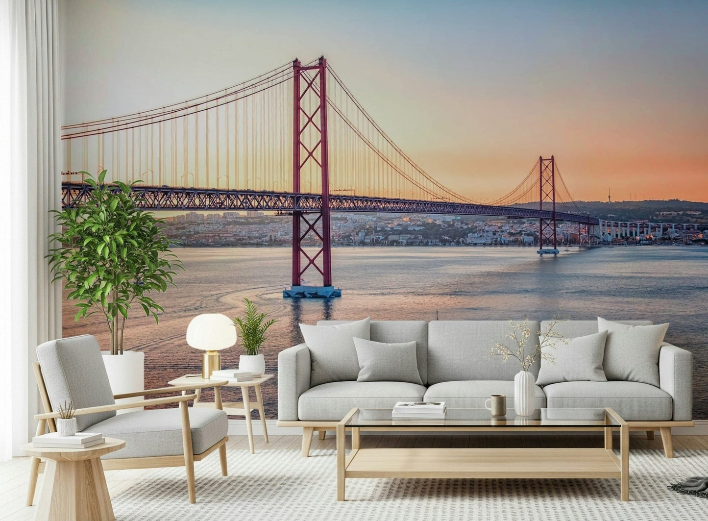Lisbon skyline mural in apartment dining area, soft light colors, statement wall decor