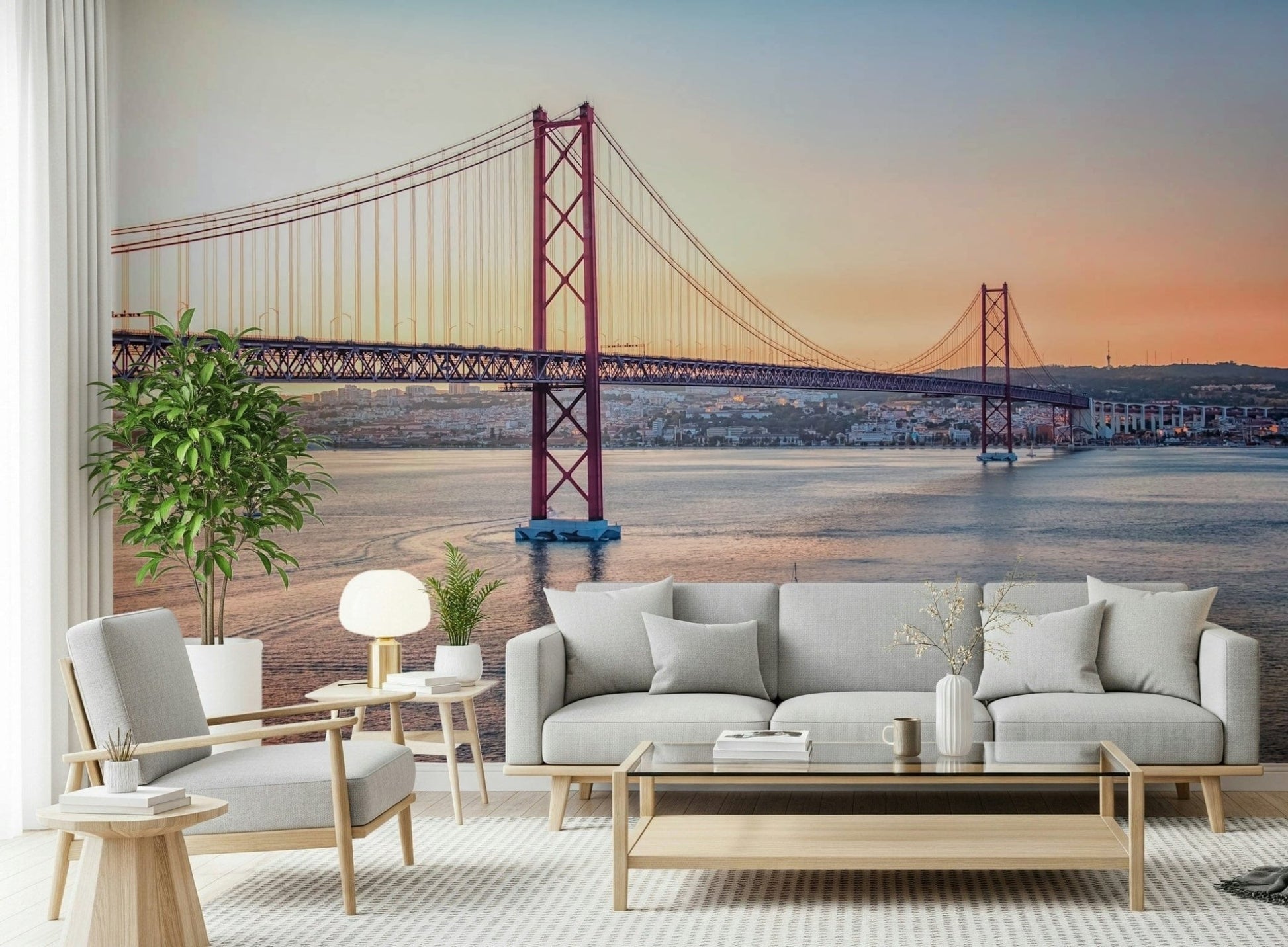 Lisbon skyline mural in apartment dining area, soft light colors, statement wall decor