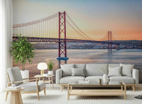 Lisbon skyline mural in apartment dining area, soft light colors, statement wall decor