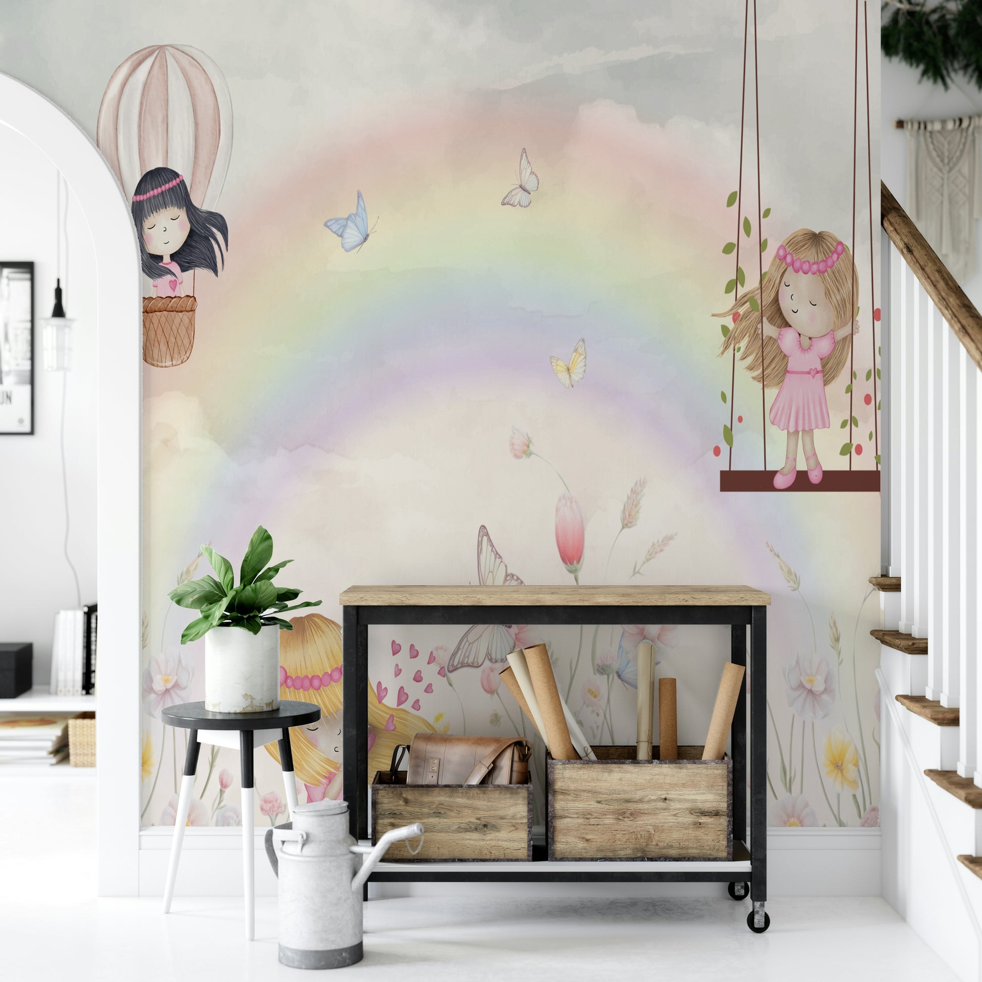 Little Girls Adventures wall mural with a rainbow and swinging girl above a black console table in an entryway