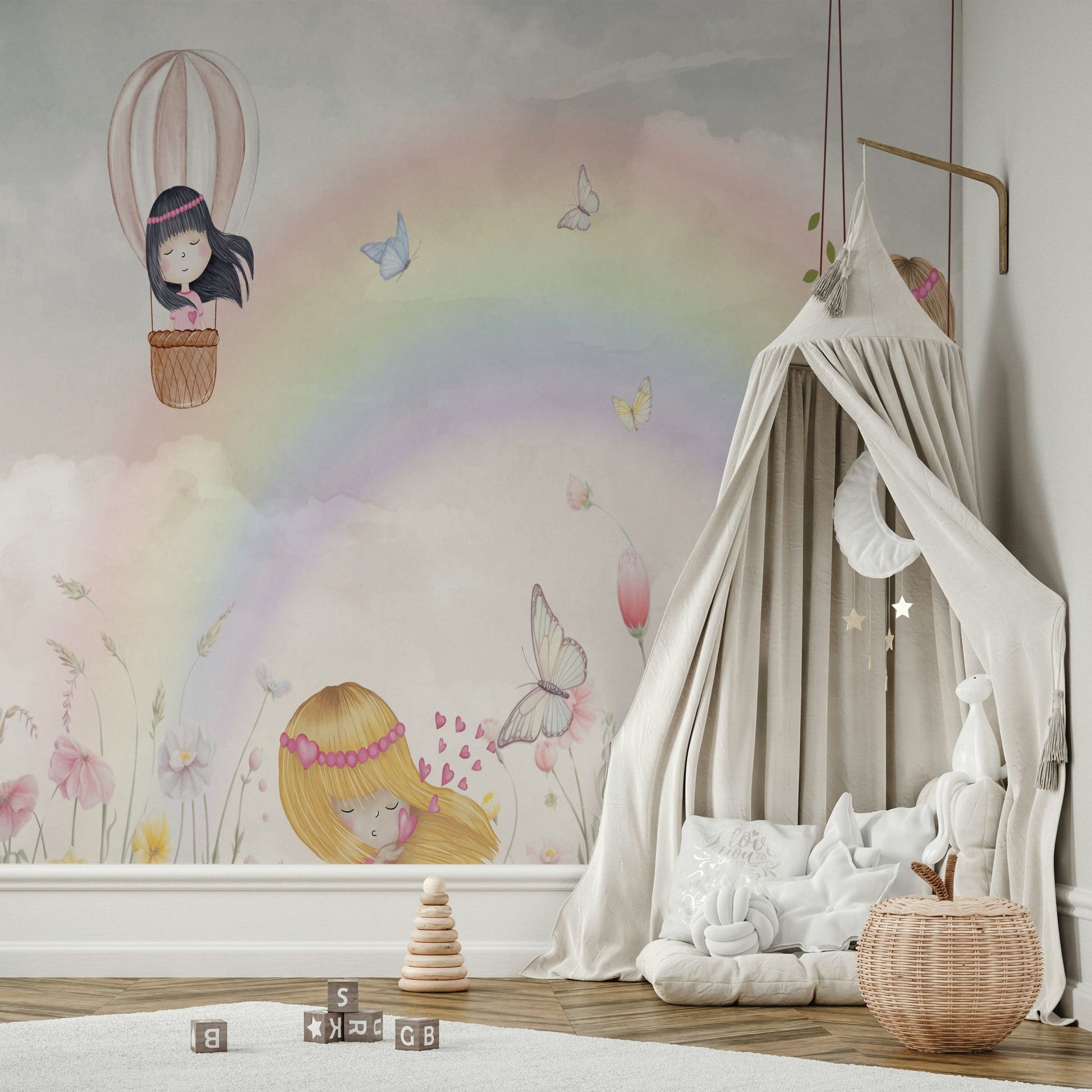 Little Girls Adventures wall mural of a rainbow and butterflies beside a beige canopy teepee in a kids room