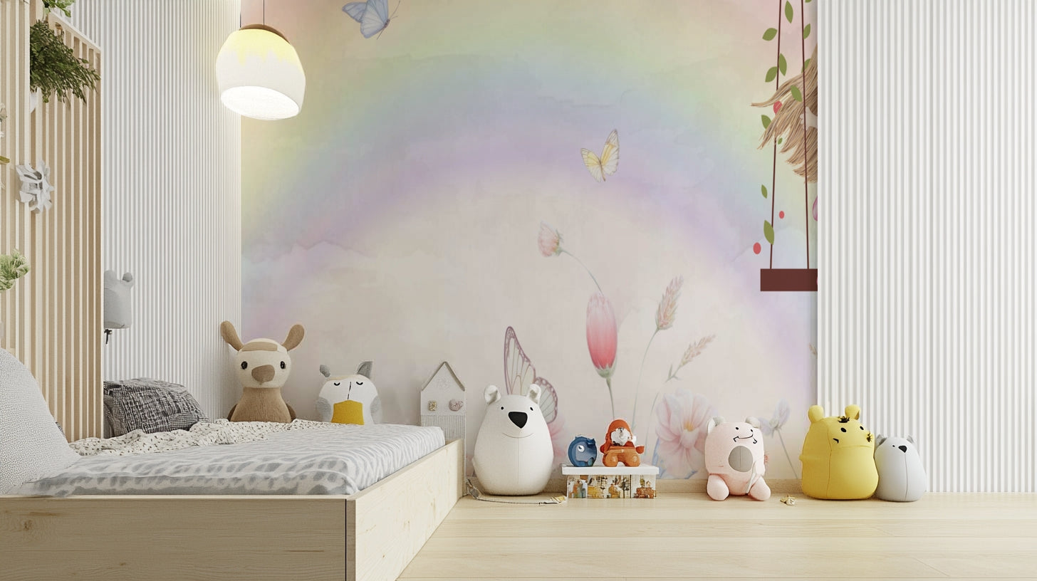 Little Girls Adventures wall mural with a soft rainbow behind a wood platform bed lined with plush animal toys