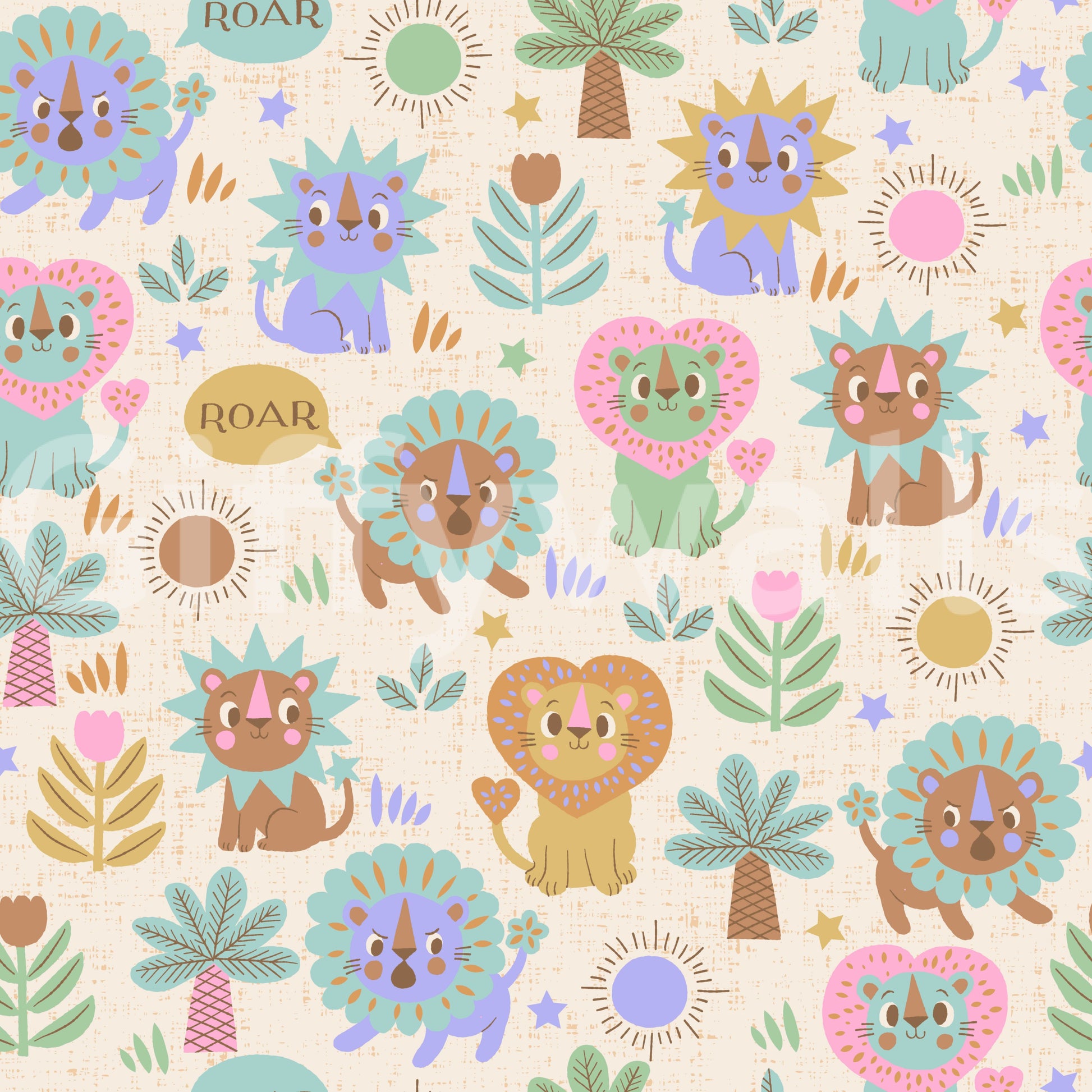 Little Lion wallpaper close-up showing pastel cartoon lions, palm trees and ROAR text in teal, pink and purple on cream