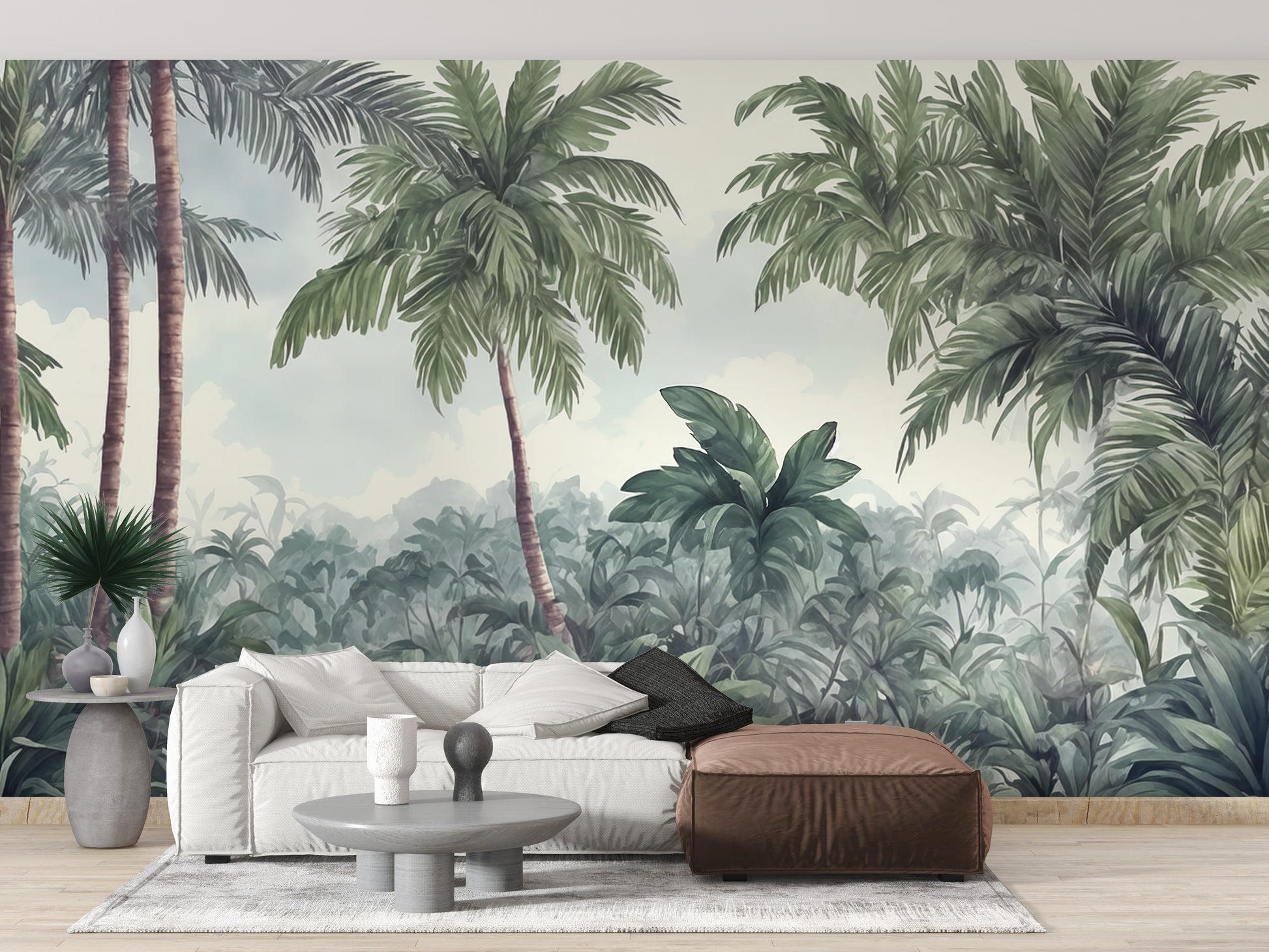 Watercolor Green trees wallpaper mural styled along a hallway feature wall near a console in green tones