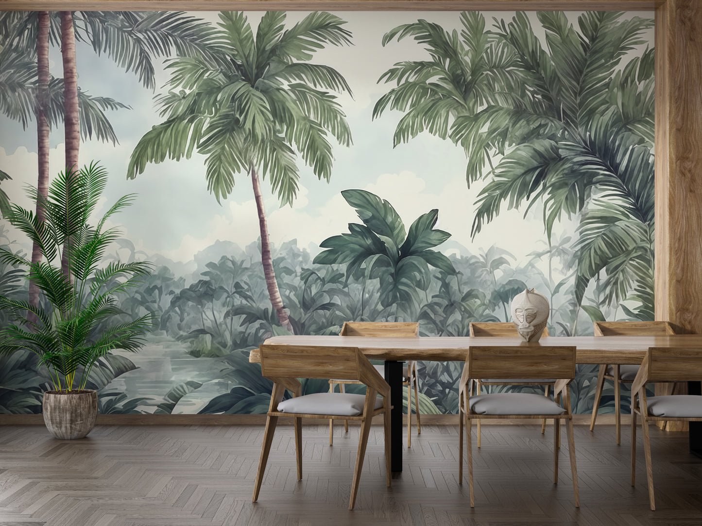 Watercolor Green trees wallpaper mural as a feature wall in a home office workspace in green tones