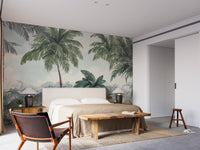 Watercolor Green trees wallpaper mural styled as a feature wall behind a dining table and chairs in green tones