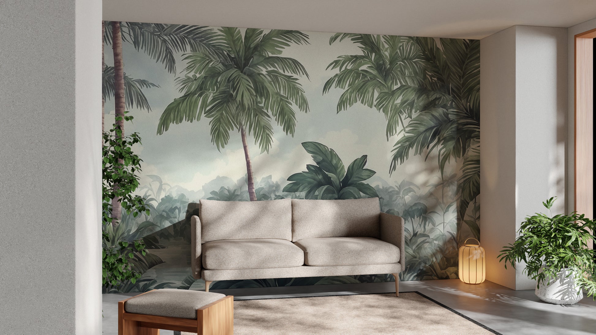 Watercolor Green trees wallpaper mural as a bedroom feature wall behind the headboard in green tones