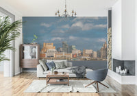Liverpool cityscape mural as feature wall in minimalist bedroom, calm color palette