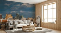 Urban skyline wall decor mural in modern office, clean lines, muted color scheme