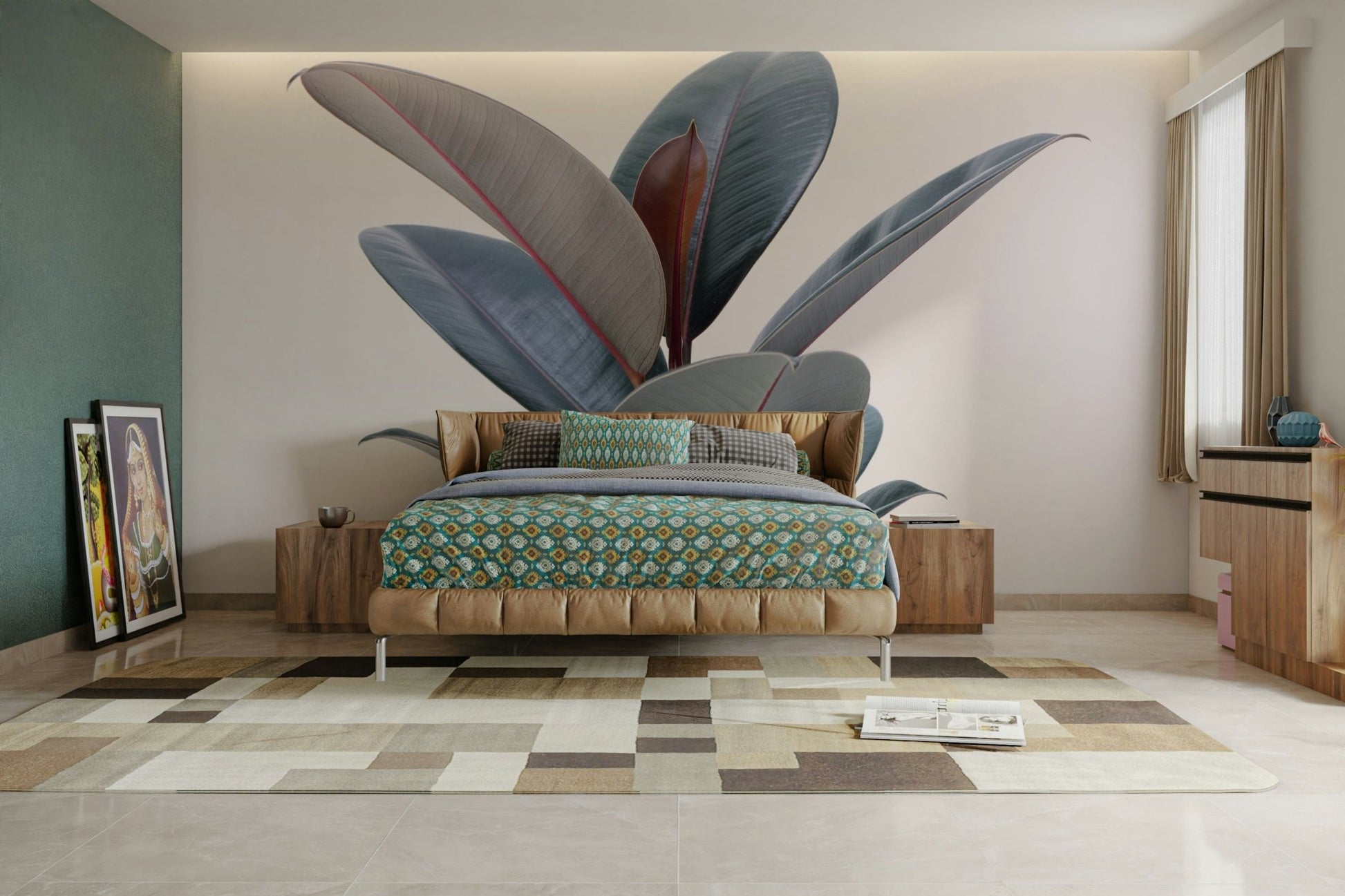 Minimalist foliage wall mural with rubber tree design

