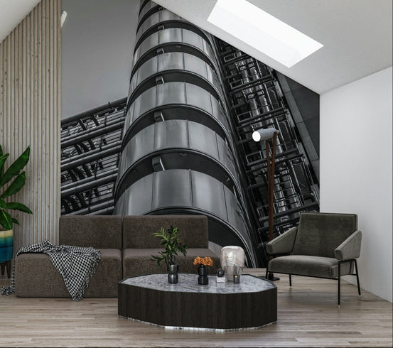  Building Futuristic design wall mural, numerous ducts and vents ascend toward bright sky background.