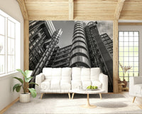 Lloyds building wallpaper: spectacular industrial architecture in detailed monochrome photograph.