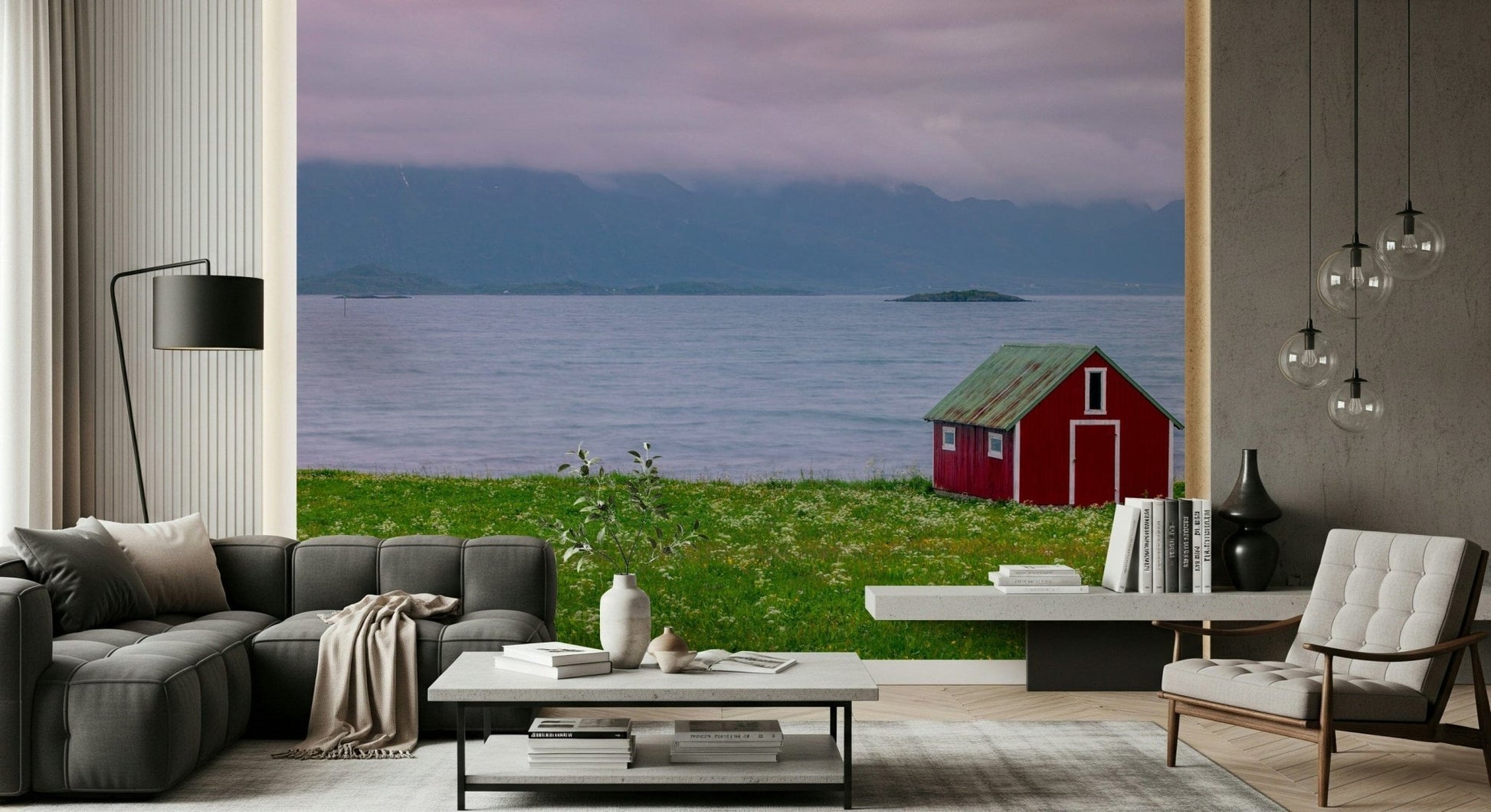 Coastal meadow wall mural with small house