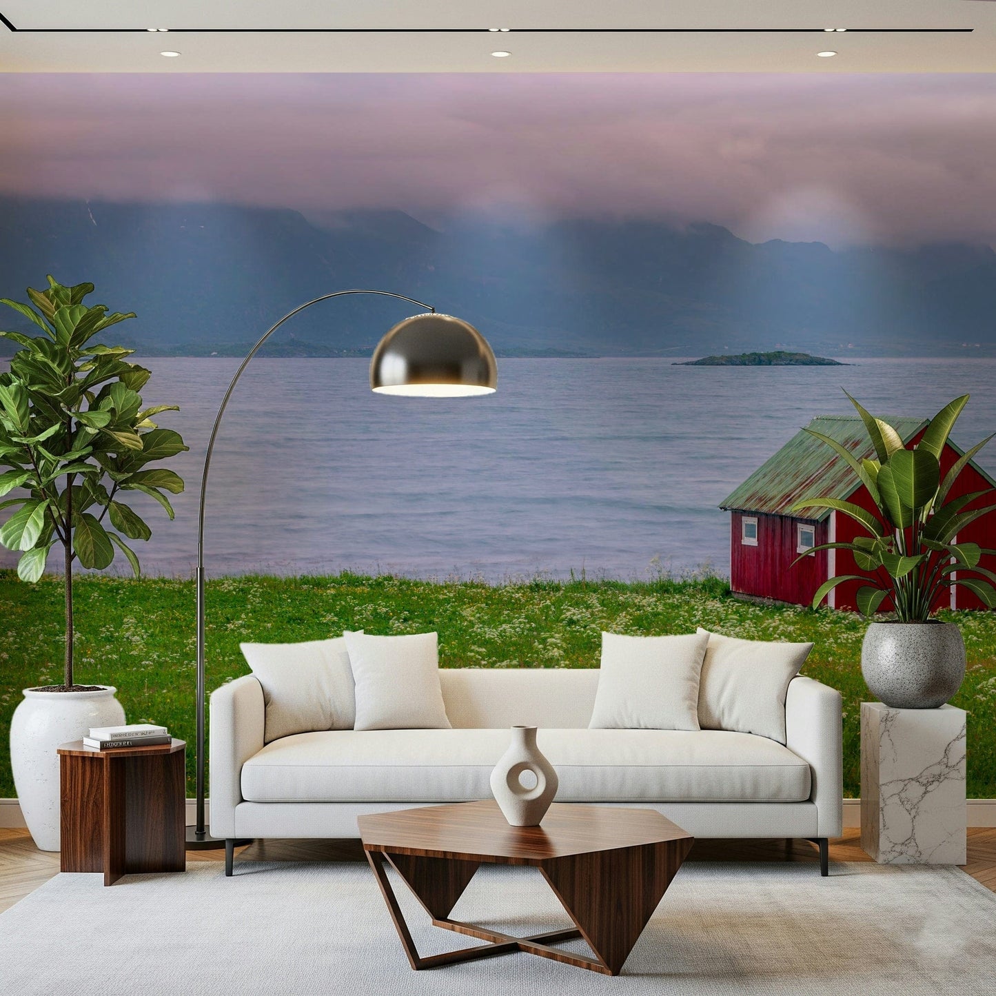 Serene fjord wall mural with cottage view