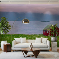 Serene fjord wall mural with cottage view
