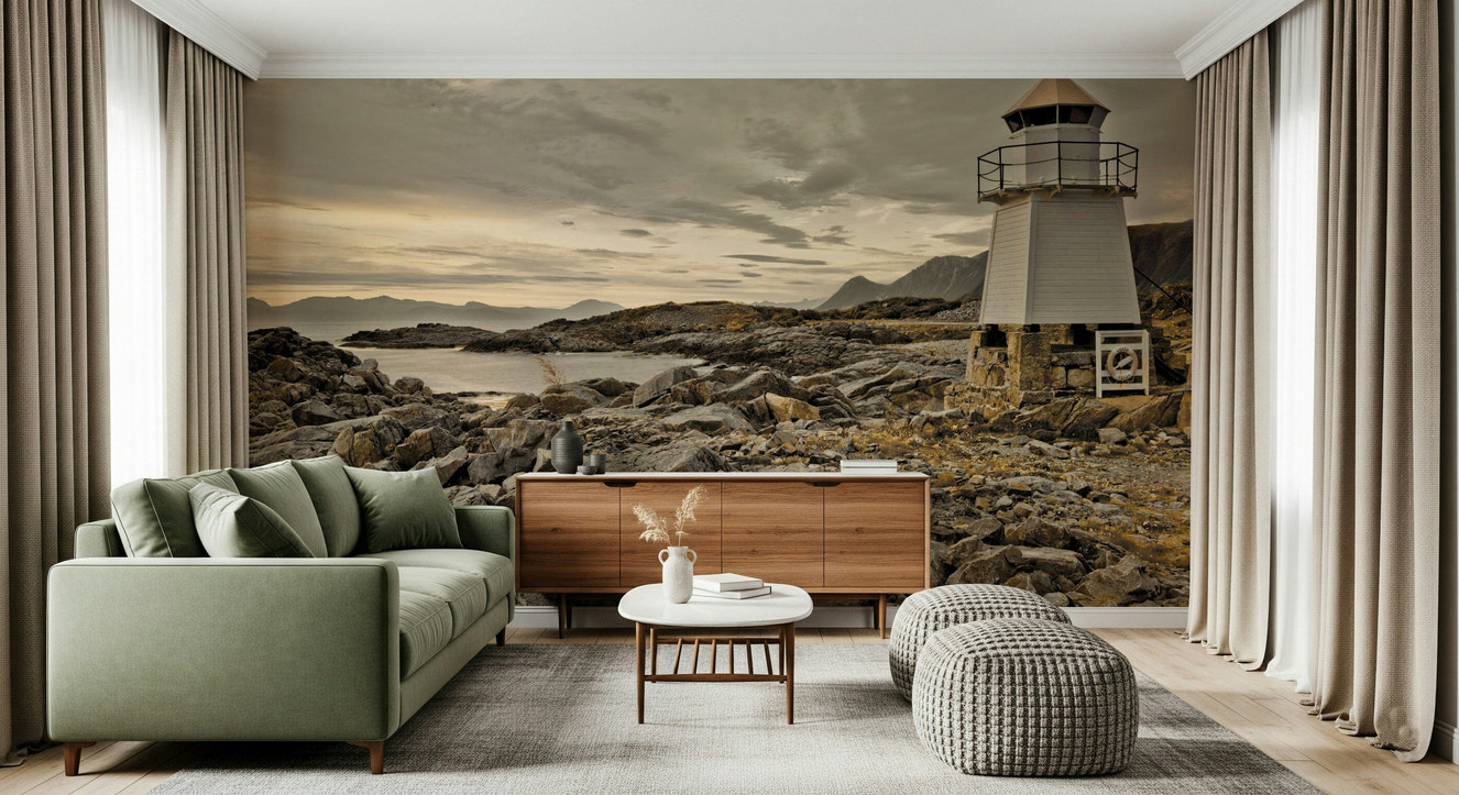 Guardian of the Coast wall mural featuring a lone lighthouse overlooking a rocky shoreline under a moody sky.